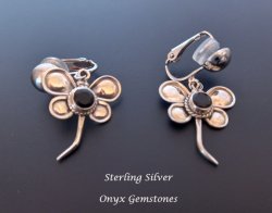 Sterling Silver Clip-on Earrings, Dragonfly Design, Onyx Gems