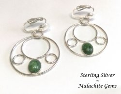 Sterling Silver Clip On Hoop Earrings with Malachite Gems