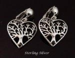 Sterling Silver Clip On Earrings, Tree of Life, Heart Shape