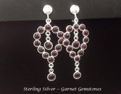 Clip On Chandelier Earrings, Sterling Silver, Garnet Gemstones