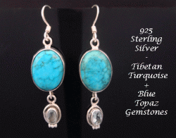 Sterling Silver Earrings, Tibetan Turquoise and Blue Topaz Gems