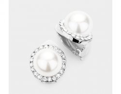 Clip On Pearl Earrings Silver with Dazzling Clear Crystals