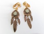 Gold Clip On Dangle Earrings with Faux Gemstones and Feathers