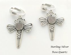 Dragonfly Clip On Earrings, Rose Quartz Gems, Sterling Silver