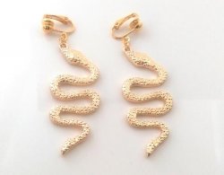 Clip On Gold Earrings Detailed Snake Design, Drop Earring
