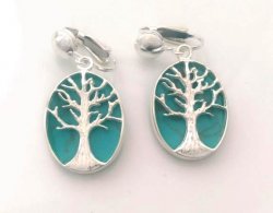 Sterling Silver Clip On Earrings, Turquoise, Tree of Life