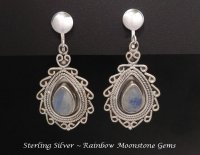 Clip On Earrings, Moonstone, Silver, Unique Artisan Design
