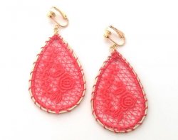 Red Embroidered Drop Clip On Gold Earrings by Dazzlers