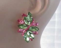 Spectacular Marquis Crystal Clip On Earrings Pink & Green