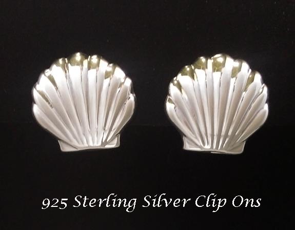 Clip On Earrings, Sterling Silver Shell Design, Button Style - Click Image to Close