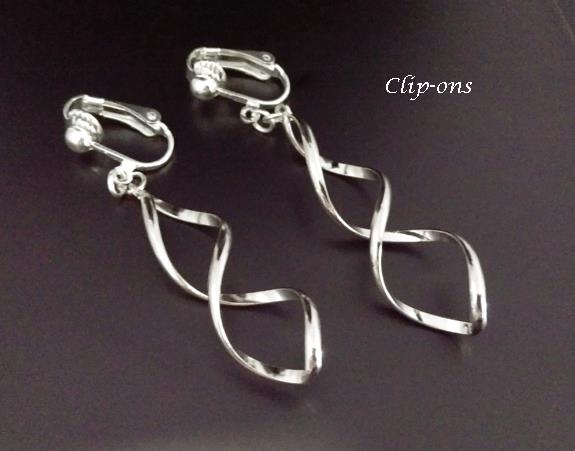 Fashion Clip On Earrings, Silver Twist Design, Long Drop - Click Image to Close