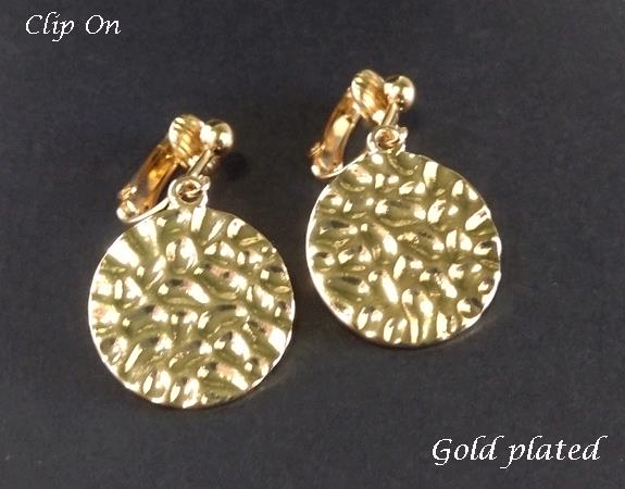 Fashion Clip On Earrings, Gold Hammered Finish Discs - Click Image to Close