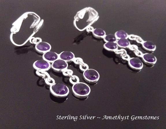 Clip On Chandelier Earrings, Amethyst Gems, Sterling Silver - Click Image to Close