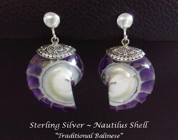 Clip On Earrings, Nautilus Shell, Purple Tones, Sterling Silver - Click Image to Close