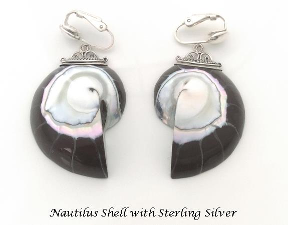 Clip On Earrings, Nautilus Shell, Sterling Silver, Artisan Made - Click Image to Close