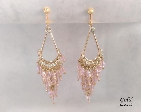Clip On Chandelier Earrings, Gold with Pink Crystals, Bridal - Click Image to Close
