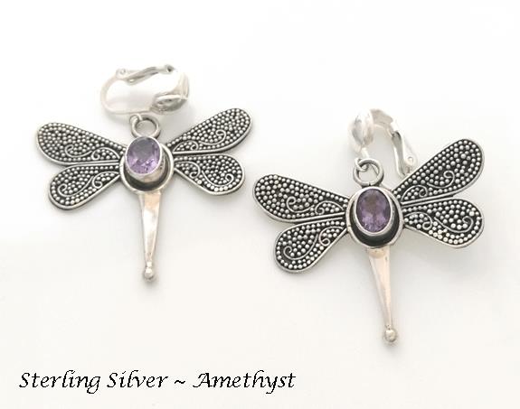 Dragonfly Clip-on Earrings with Amethyst Gemstones, Dazzlers - Click Image to Close
