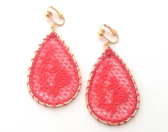 Red Embroidered Drop Clip On Gold Earrings by Dazzlers - Click Image to Close